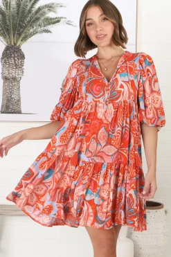 Elkie Mini Dress - Graphic Print Tiered Smock Dress with Balloon Sleeves>Salty Crush Outlet