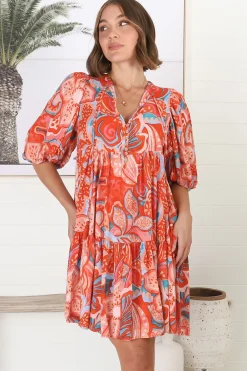 Elkie Mini Dress - Graphic Print Tiered Smock Dress with Balloon Sleeves>Salty Crush Outlet