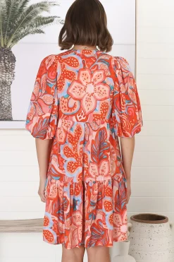 Elkie Mini Dress - Graphic Print Tiered Smock Dress with Balloon Sleeves><noscript><img width=