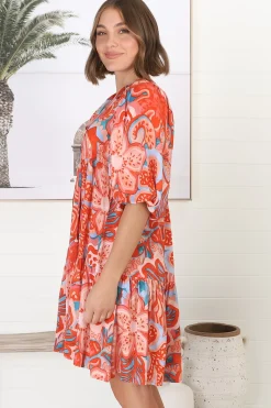 Elkie Mini Dress - Graphic Print Tiered Smock Dress with Balloon Sleeves><noscript><img width=