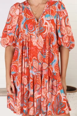 Elkie Mini Dress - Graphic Print Tiered Smock Dress with Balloon Sleeves><noscript><img width=