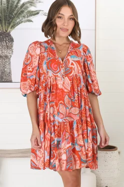 Elkie Mini Dress - Graphic Print Tiered Smock Dress with Balloon Sleeves><noscript><img width=