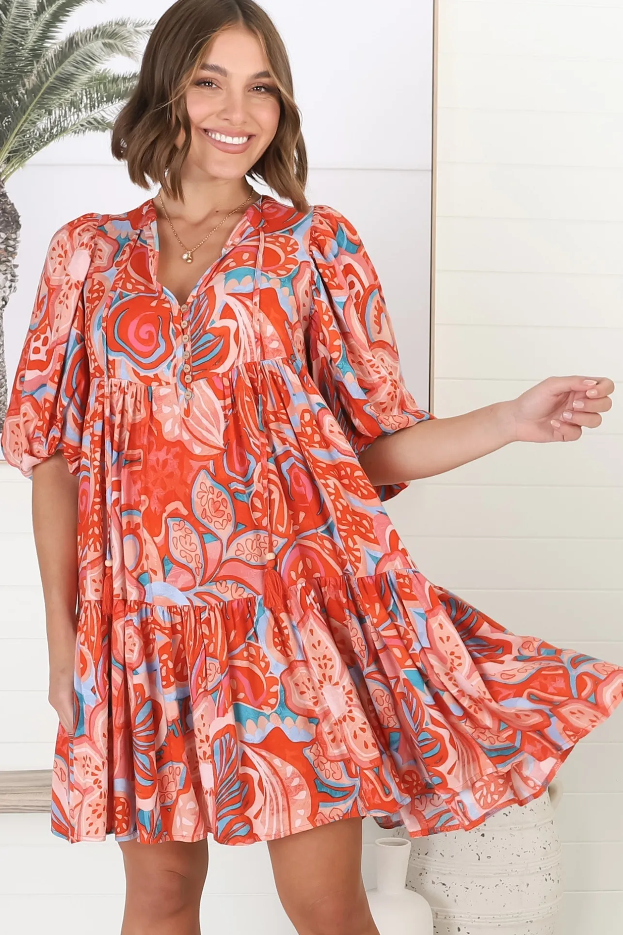 Elkie Mini Dress - Graphic Print Tiered Smock Dress with Balloon Sleeves>Salty Crush Outlet