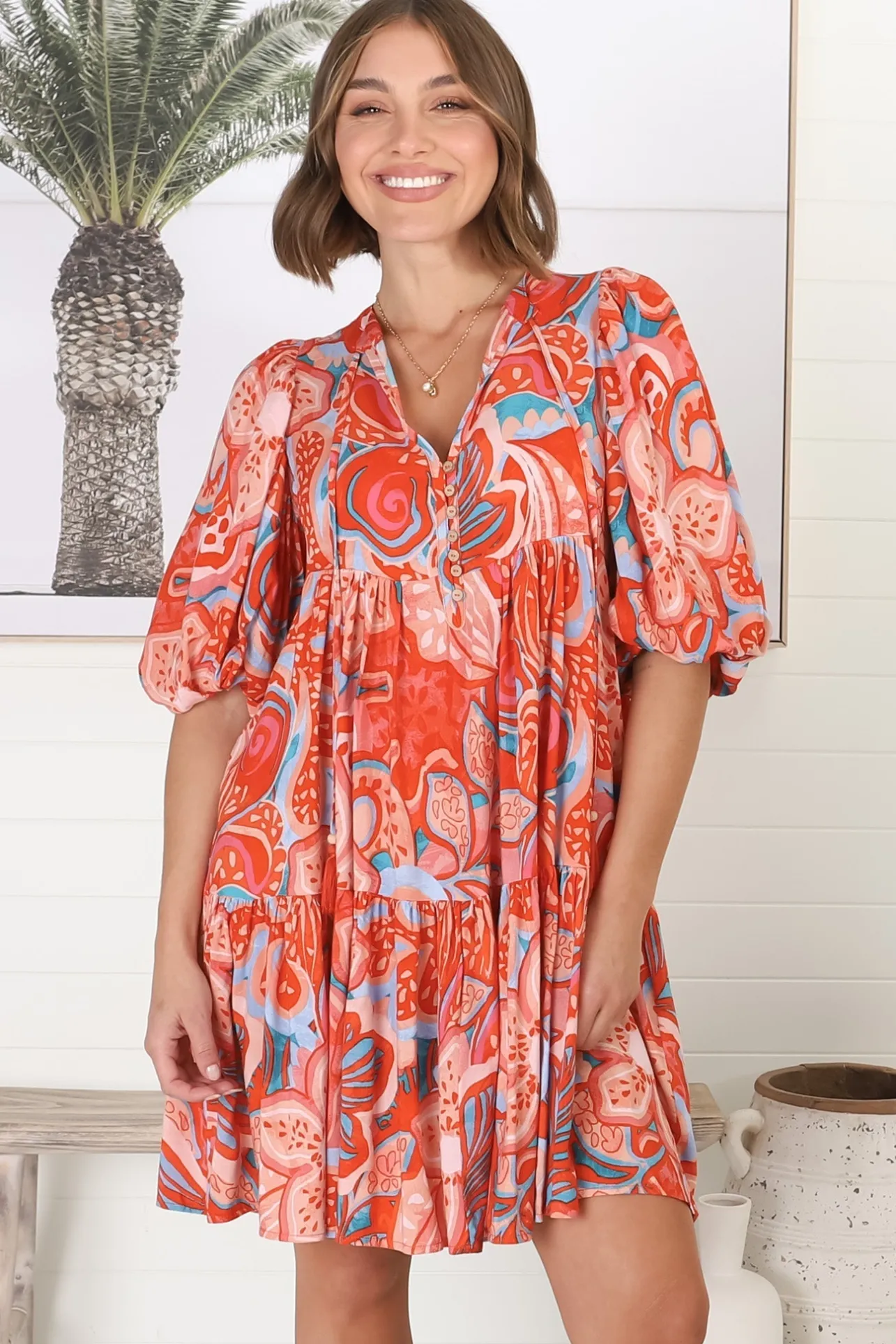 Elkie Mini Dress - Graphic Print Tiered Smock Dress with Balloon Sleeves>Salty Crush Outlet