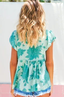 Ella Top - Butterfly Cap Sleeve Smock Top with Neck Tie in Capri Sea Print><noscript><img width=