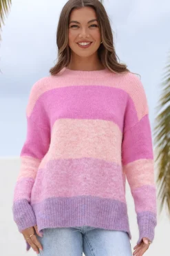 Elle Jumper - Crew Neck Stripe Jumper in Pink><noscript><img width=