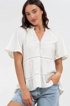 Ellery Top - Mandarin Collar Smock Top with Ladder Lace Insert Splicing in White><noscript><img width=