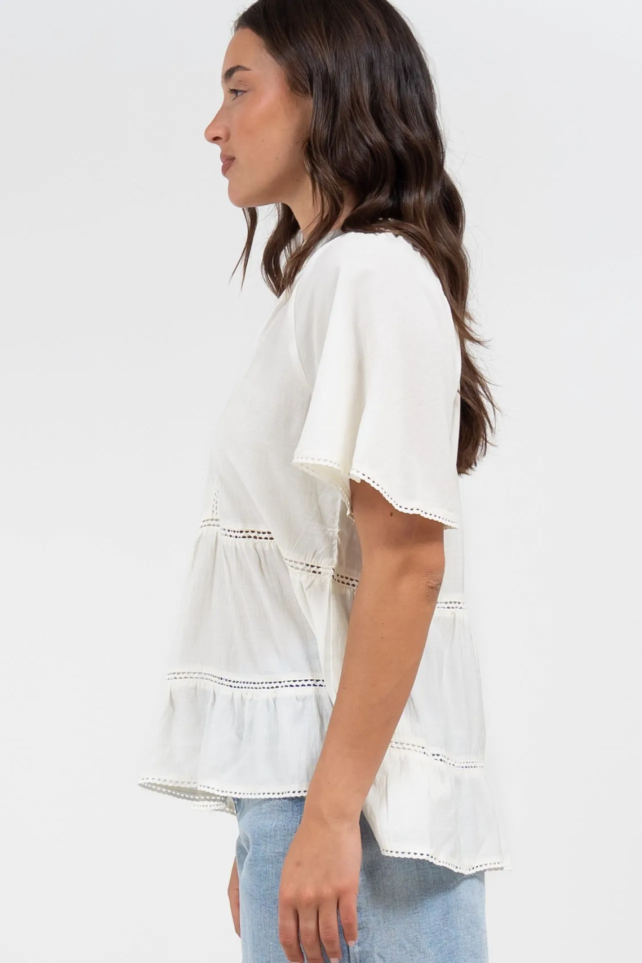 Ellery Top - Mandarin Collar Smock Top with Ladder Lace Insert Splicing in White>Salty Crush Online