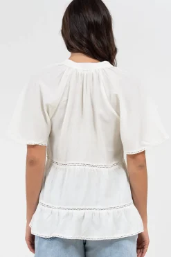 Ellery Top - Mandarin Collar Smock Top with Ladder Lace Insert Splicing in White><noscript><img width=