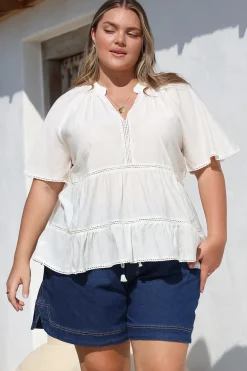 Ellery Top - Mandarin Collar Smock Top with Ladder Lace Insert Splicing in White><noscript><img width=
