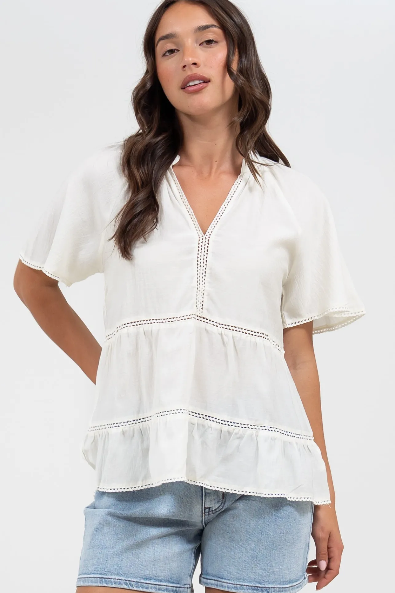 Ellery Top - Mandarin Collar Smock Top with Ladder Lace Insert Splicing in White>Salty Crush Online