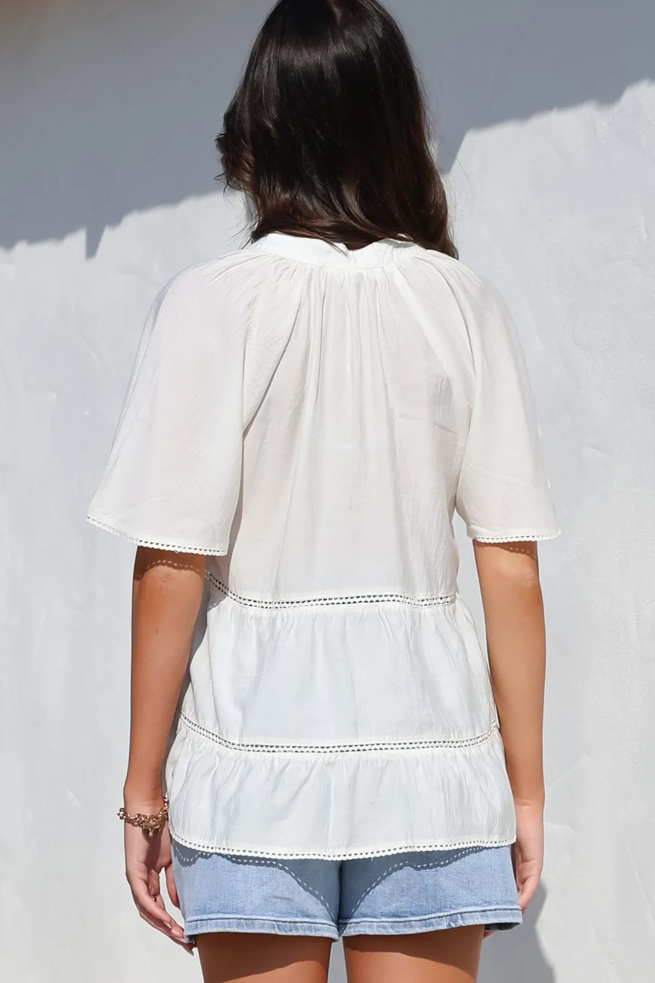 Ellery Top - Mandarin Collar Smock Top with Ladder Lace Insert Splicing in White>Salty Crush Online