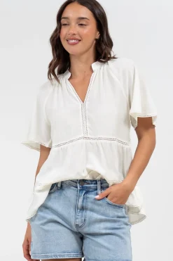 Ellery Top - Mandarin Collar Smock Top with Ladder Lace Insert Splicing in White><noscript><img width=