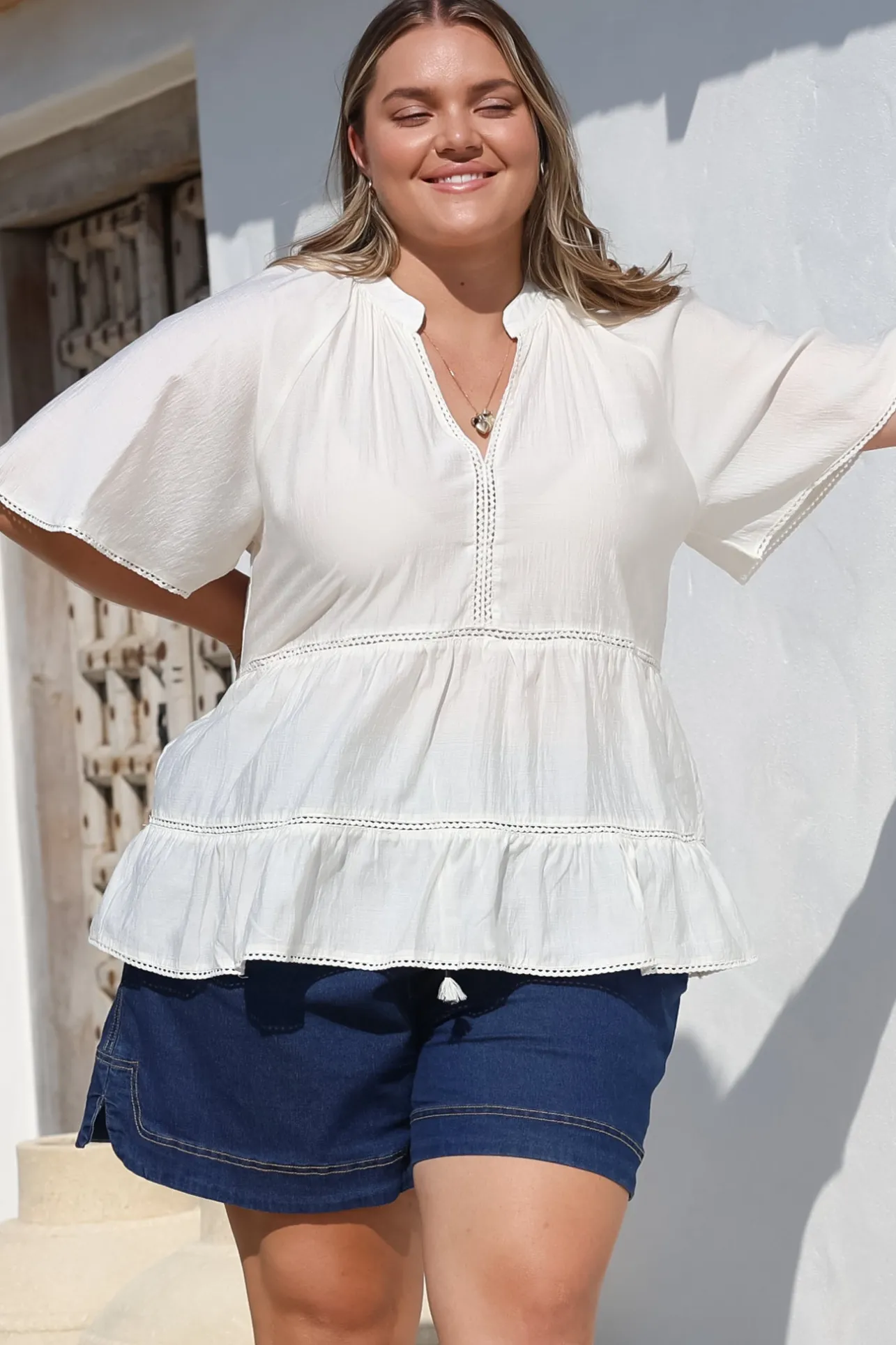 Ellery Top - Mandarin Collar Smock Top with Ladder Lace Insert Splicing in White>Salty Crush Online