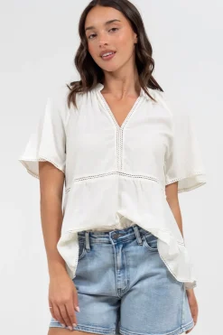 Ellery Top - Mandarin Collar Smock Top with Ladder Lace Insert Splicing in White><noscript><img width=