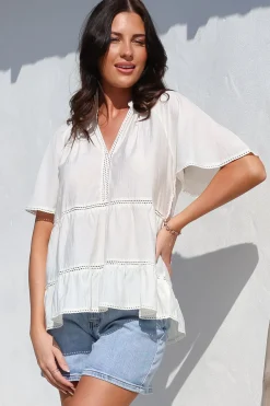 Ellery Top - Mandarin Collar Smock Top with Ladder Lace Insert Splicing in White><noscript><img width=