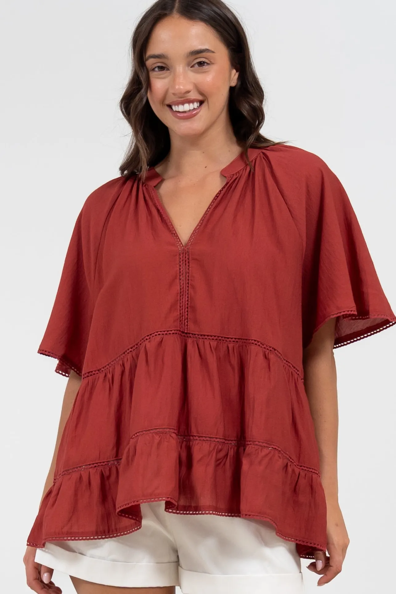 Ellery Top - Mandarin Collar Smock Top with Ladder Lace Insert Splicing in Rust>Salty Crush Best