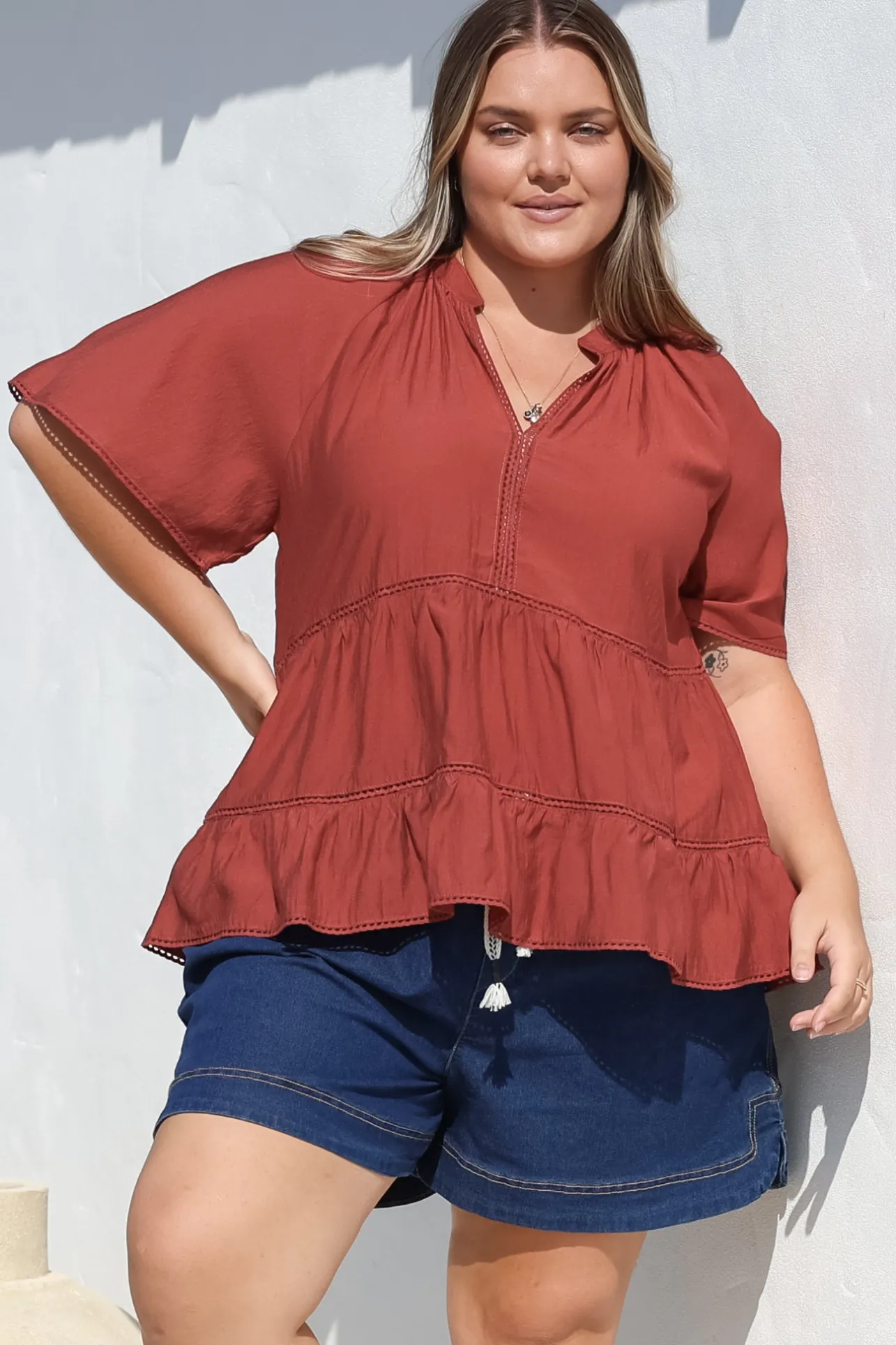 Ellery Top - Mandarin Collar Smock Top with Ladder Lace Insert Splicing in Rust>Salty Crush Best