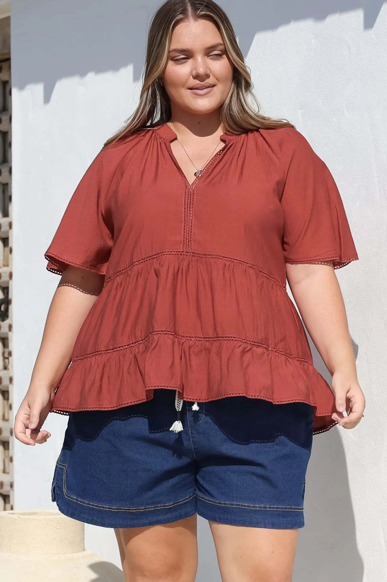 Ellery Top - Mandarin Collar Smock Top with Ladder Lace Insert Splicing in Rust>Salty Crush Best