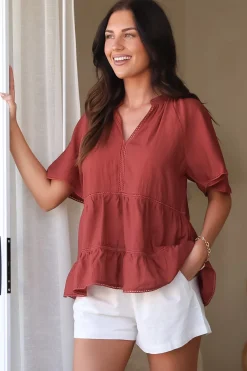 Ellery Top - Mandarin Collar Smock Top with Ladder Lace Insert Splicing in Rust><noscript><img width=