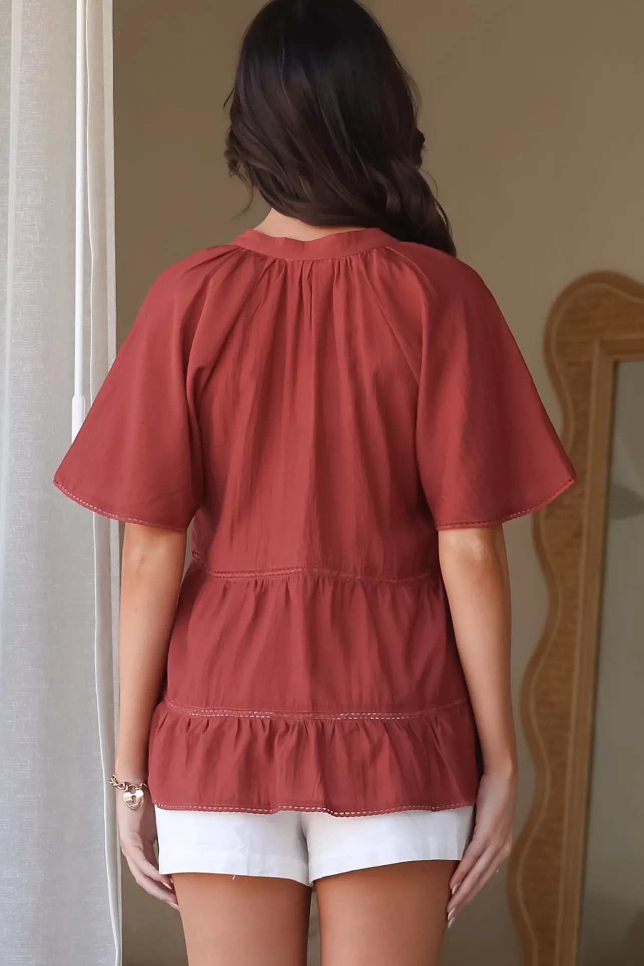 Ellery Top - Mandarin Collar Smock Top with Ladder Lace Insert Splicing in Rust>Salty Crush Best