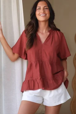 Ellery Top - Mandarin Collar Smock Top with Ladder Lace Insert Splicing in Rust><noscript><img width=