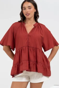 Ellery Top - Mandarin Collar Smock Top with Ladder Lace Insert Splicing in Rust><noscript><img width=