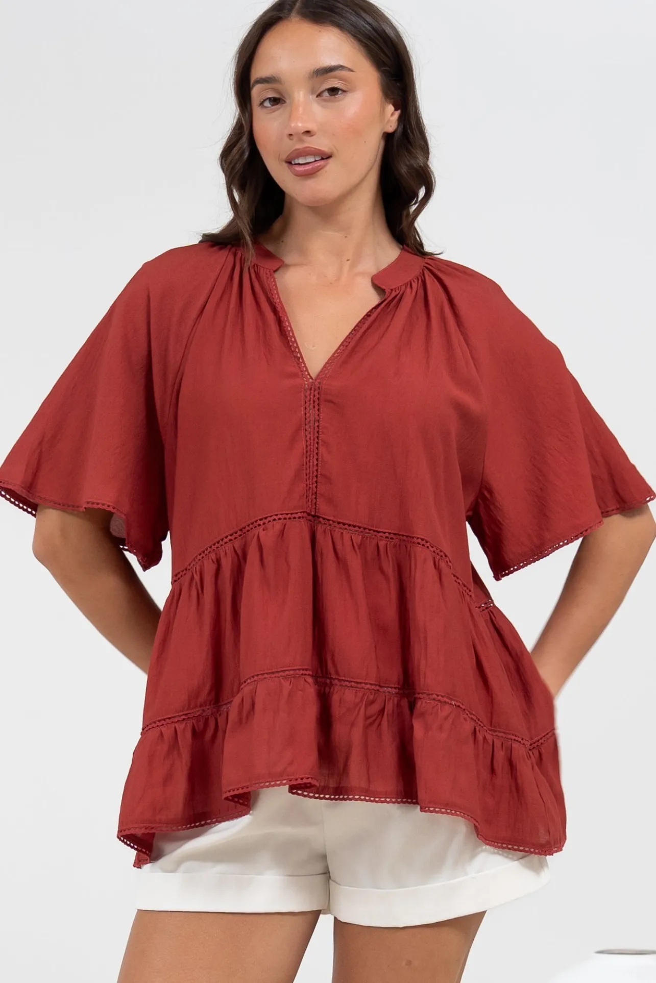 Ellery Top - Mandarin Collar Smock Top with Ladder Lace Insert Splicing in Rust>Salty Crush Best