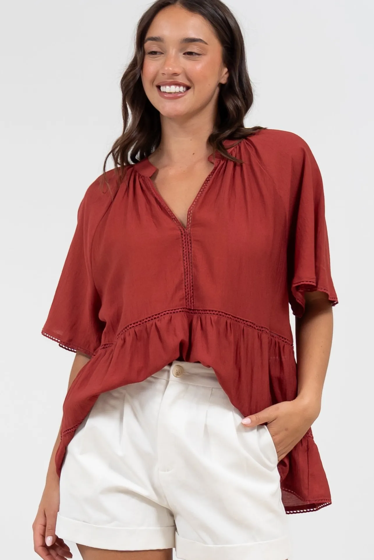 Ellery Top - Mandarin Collar Smock Top with Ladder Lace Insert Splicing in Rust>Salty Crush Best