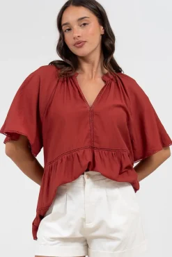 Ellery Top - Mandarin Collar Smock Top with Ladder Lace Insert Splicing in Rust><noscript><img width=