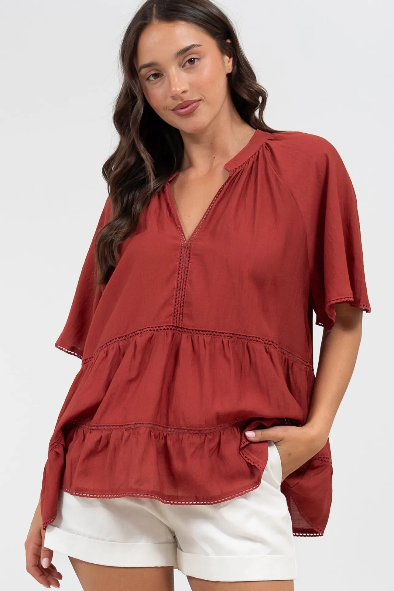 Ellery Top - Mandarin Collar Smock Top with Ladder Lace Insert Splicing in Rust>Salty Crush Best