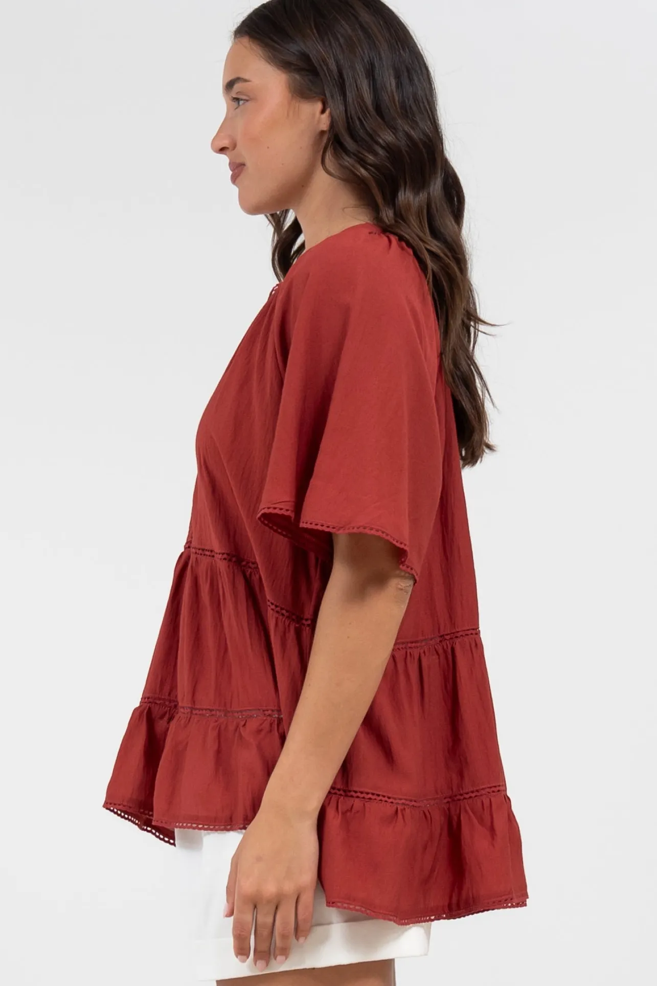 Ellery Top - Mandarin Collar Smock Top with Ladder Lace Insert Splicing in Rust>Salty Crush Best