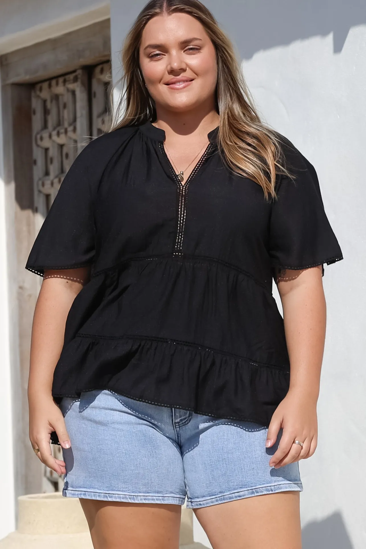 Ellery Top - Mandarin Collar Smock Top with Ladder Lace Insert Splicing in Black>Salty Crush Discount