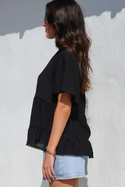 Ellery Top - Mandarin Collar Smock Top with Ladder Lace Insert Splicing in Black><noscript><img width=