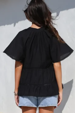 Ellery Top - Mandarin Collar Smock Top with Ladder Lace Insert Splicing in Black><noscript><img width=