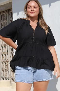 Ellery Top - Mandarin Collar Smock Top with Ladder Lace Insert Splicing in Black><noscript><img width=