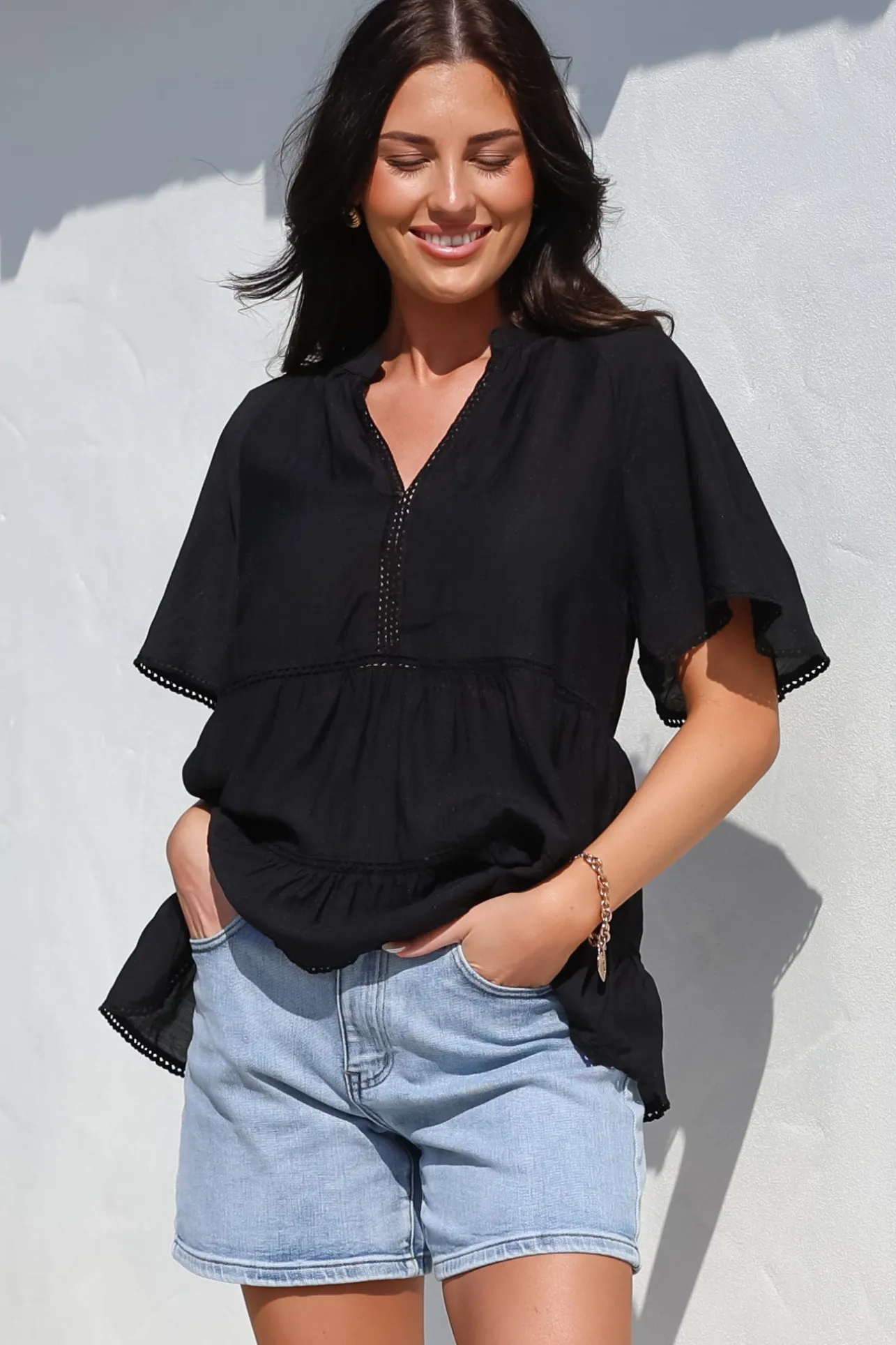 Ellery Top - Mandarin Collar Smock Top with Ladder Lace Insert Splicing in Black>Salty Crush Discount