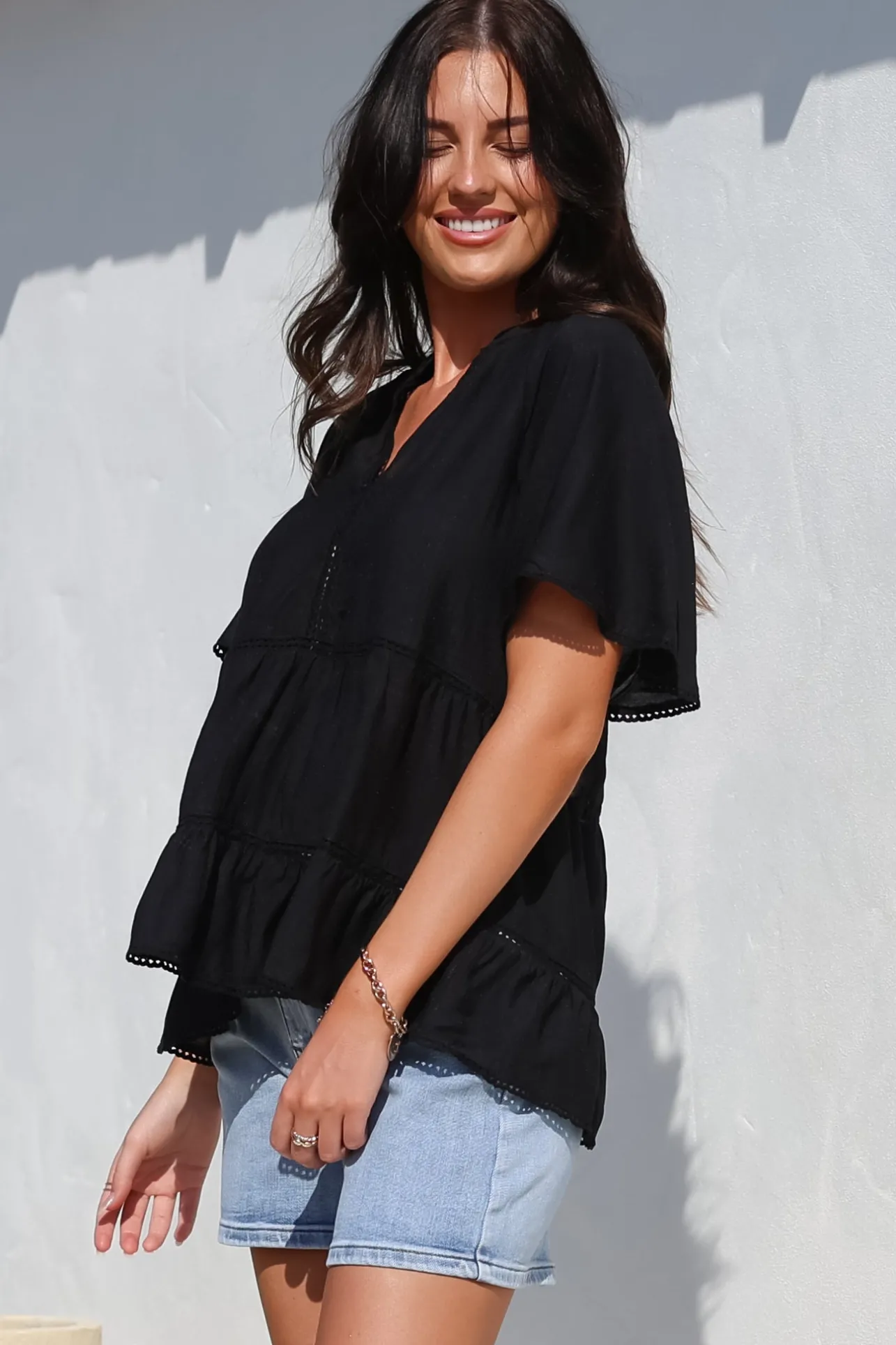 Ellery Top - Mandarin Collar Smock Top with Ladder Lace Insert Splicing in Black>Salty Crush Discount
