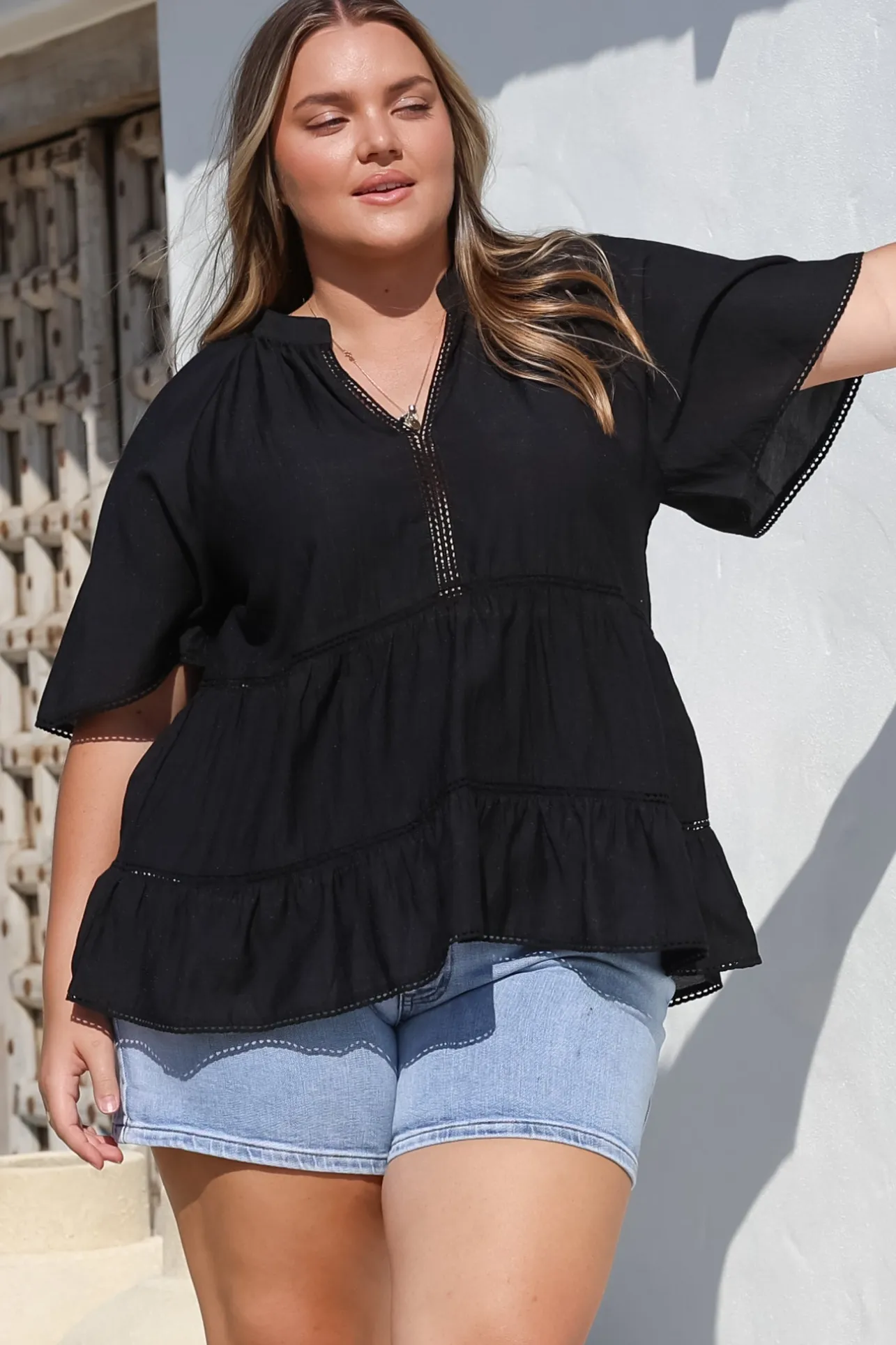 Ellery Top - Mandarin Collar Smock Top with Ladder Lace Insert Splicing in Black>Salty Crush Discount