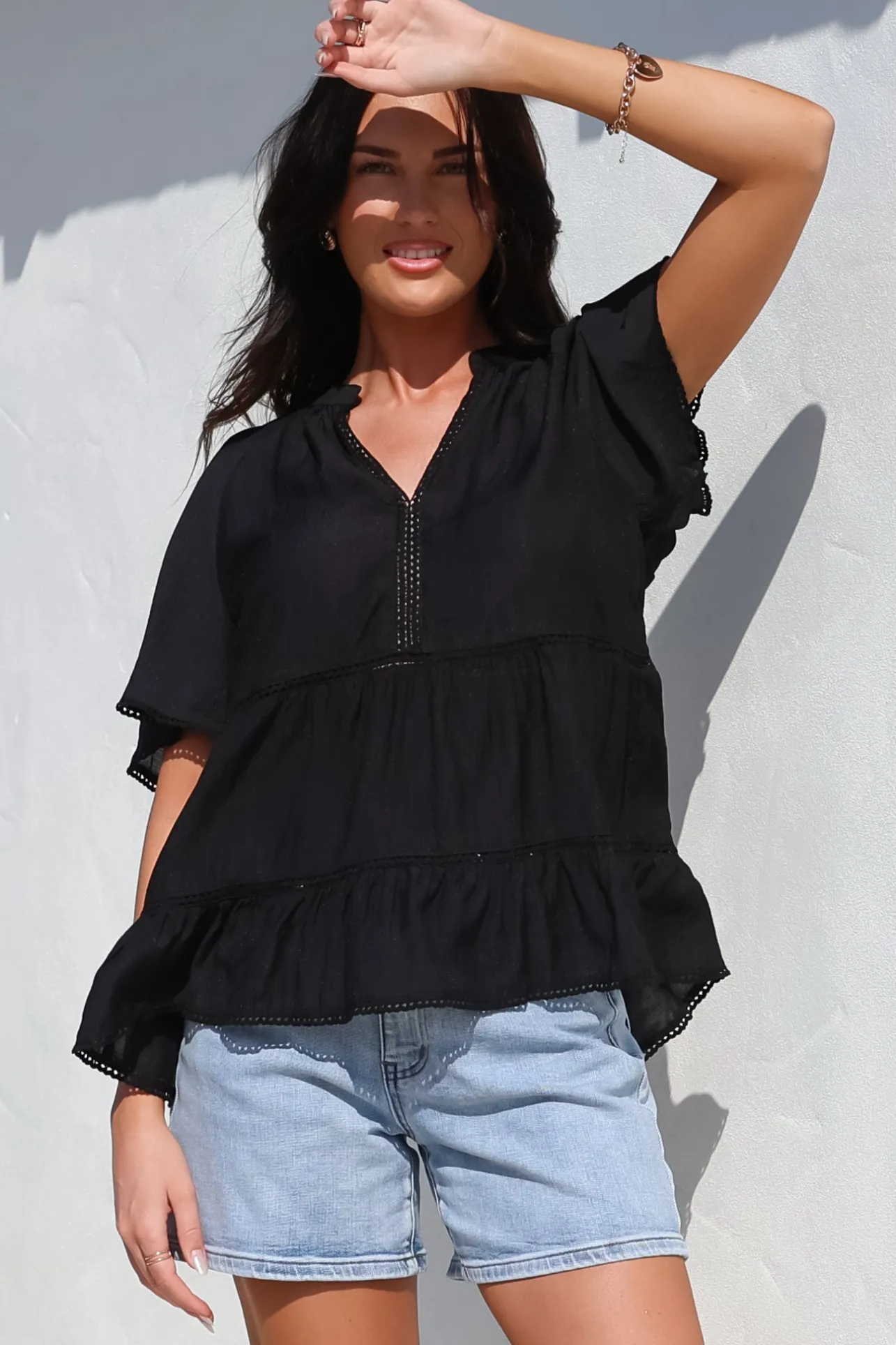 Ellery Top - Mandarin Collar Smock Top with Ladder Lace Insert Splicing in Black>Salty Crush Discount