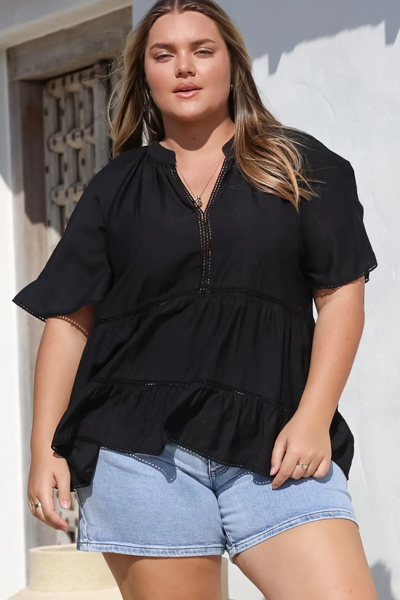 Ellery Top - Mandarin Collar Smock Top with Ladder Lace Insert Splicing in Black>Salty Crush Discount