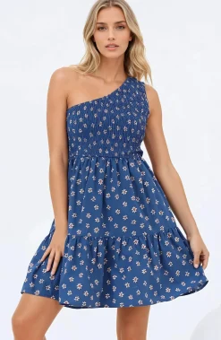 Elmira Mini Dress - One Shoulder Elasticated Bodice Tiered Dress in Astrid Print>Salty Crush Discount
