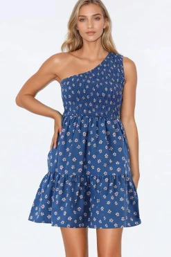 Elmira Mini Dress - One Shoulder Elasticated Bodice Tiered Dress in Astrid Print>Salty Crush Discount