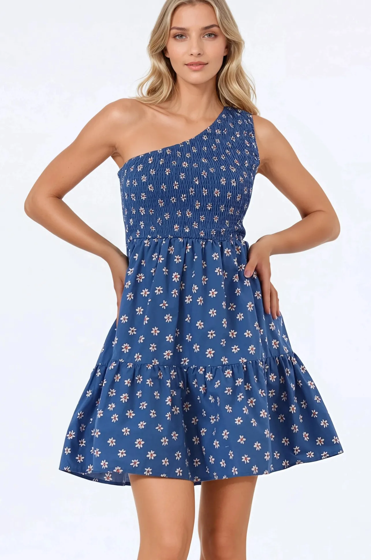 Elmira Mini Dress - One Shoulder Elasticated Bodice Tiered Dress in Astrid Print>Salty Crush Discount