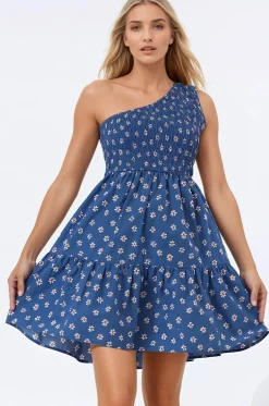 Elmira Mini Dress - One Shoulder Elasticated Bodice Tiered Dress in Astrid Print><noscript><img width=