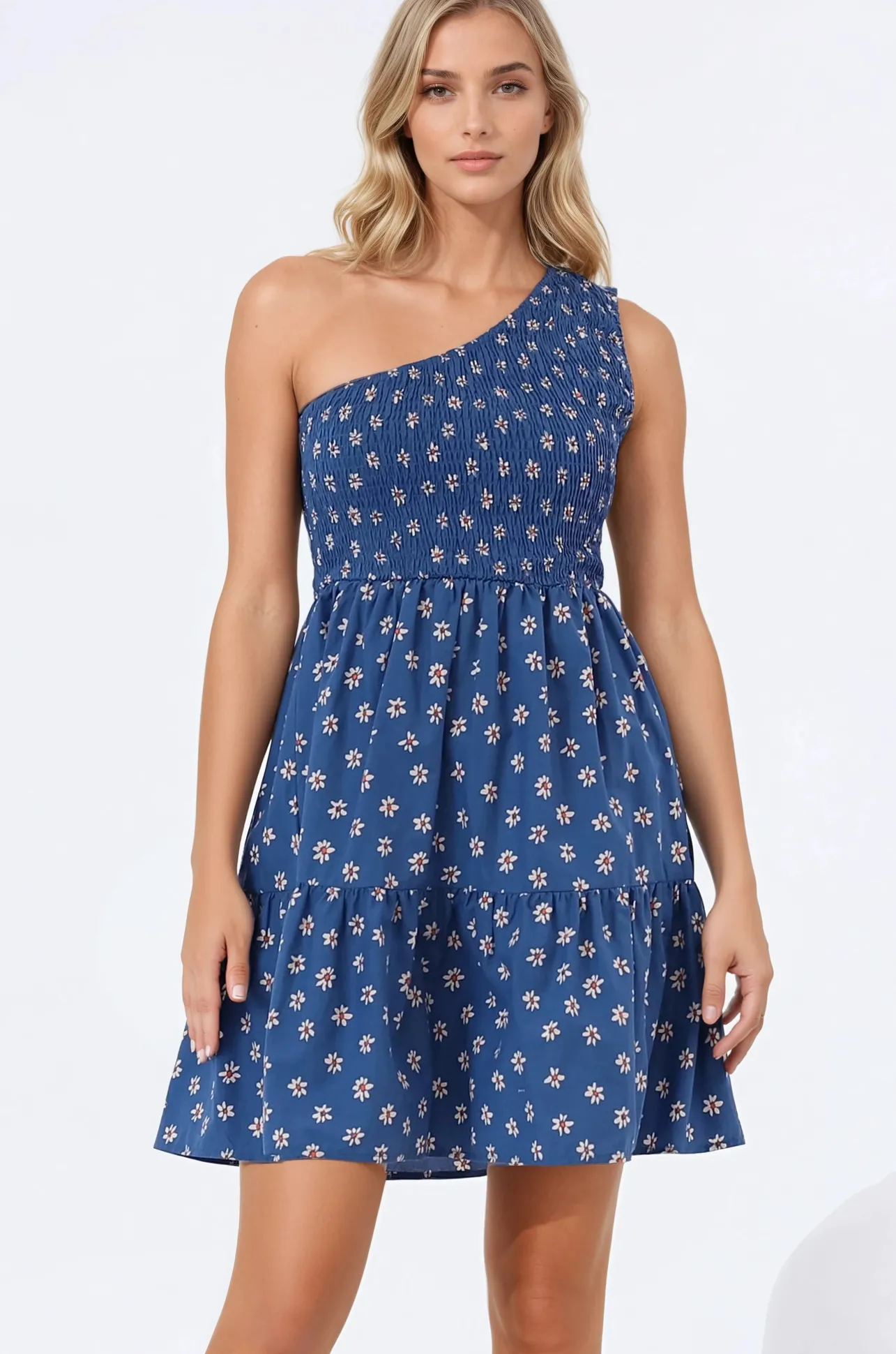 Elmira Mini Dress - One Shoulder Elasticated Bodice Tiered Dress in Astrid Print>Salty Crush Discount