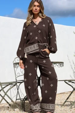 Elowen Blouse - Mandarin Collar Button Down with Neck Tie and Tassels in Vesper Print Brown><noscript><img width=