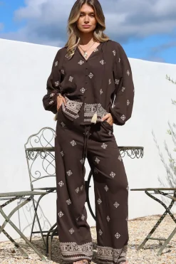 Elowen Blouse - Mandarin Collar Button Down with Neck Tie and Tassels in Vesper Print Brown><noscript><img width=