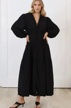 Elowyn Midi Dress - Floral Lace Trim Button Down A Line Dress with Balloon Sleeves in Black>Salty Crush Outlet