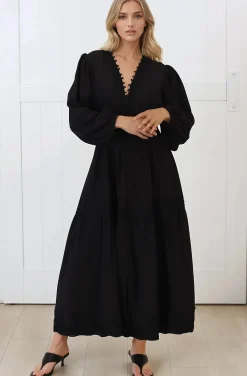 Elowyn Midi Dress - Floral Lace Trim Button Down A Line Dress with Balloon Sleeves in Black><noscript><img width=